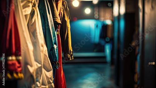 Backstage area with hanging colorful costumes and blurred background photo