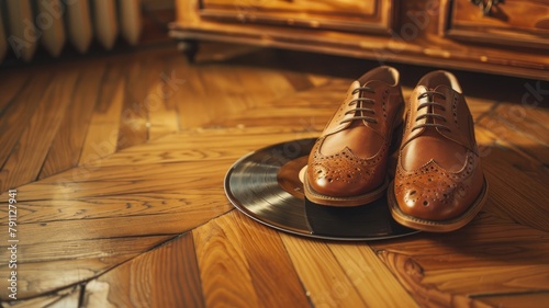 Brown brogue shoes on vinyl record wooden floor photo
