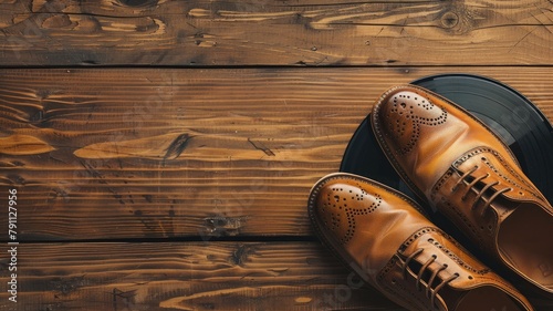 Brown brogue shoes on wooden surface with vinyl record photo