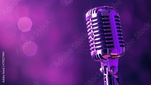 Vintage microphone against purple bokeh background