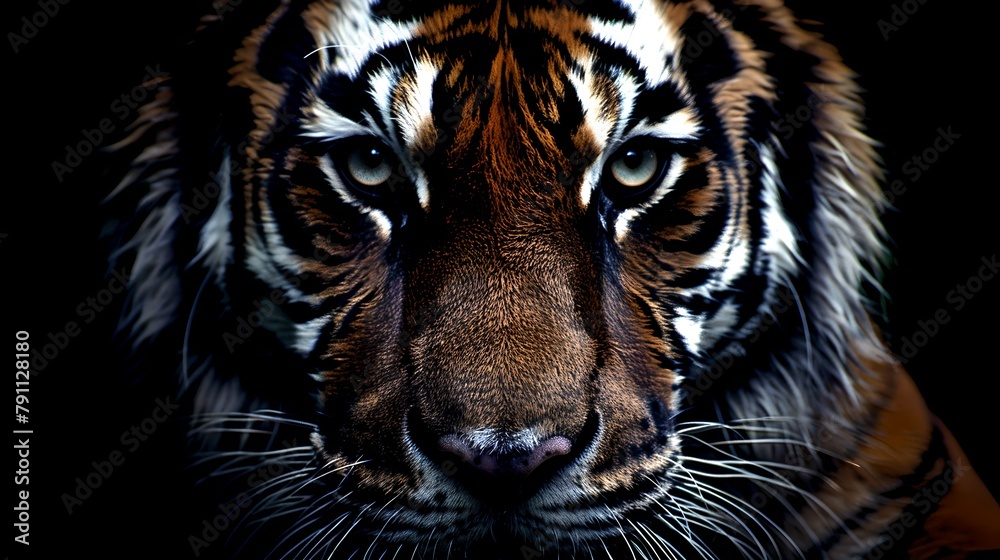 Majestic Tiger Portrait Against Dark Background. Captivating Feline Gaze, Wildlife Photography. Perfect for Posters and Environmental Campaigns. AI