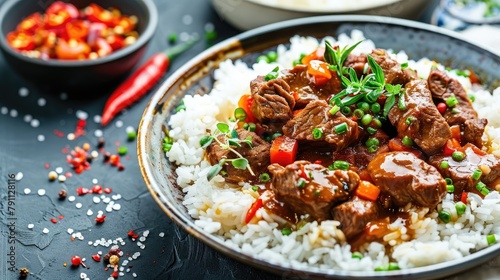 A detailed look at a dish of beef stir fry served with rice
