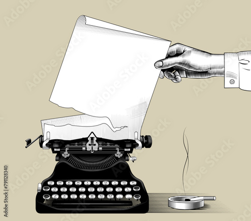 Hands of woman tears a sheet of paper from a retro typewriter. Drawing in vintage black and white engraving style. Vector illustration