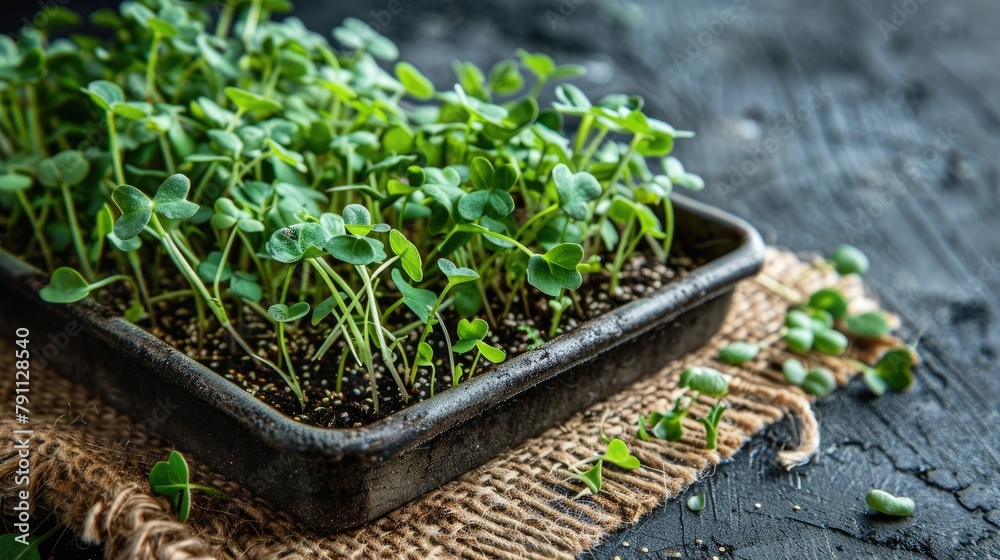 Obraz premium Planting Microgreens Tray of Arugula Seeds on Jute Mat