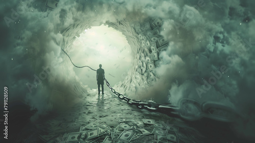 The currency conundrum. A man stands amidst a tunnel of money, symbolizing the financial crisis and debt slavery in modern society