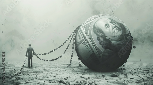 The burden of debt. A man stands next to a large ball with a chain, symbolizing the weight of debt and financial struggles in modern society