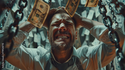 Man engulfed in chains and money: a stark portrayal of debt slavery in modern society. A distraught man surrounded by chains and money, visually interpreting the overwhelming burden of financial debt