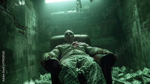 Trapped in the depths of debt: a stark depiction of financial despair and crisis. A person in a chair surrounded by money in a desolate, prison-like room, symbolizing the overwhelming burden of debt
