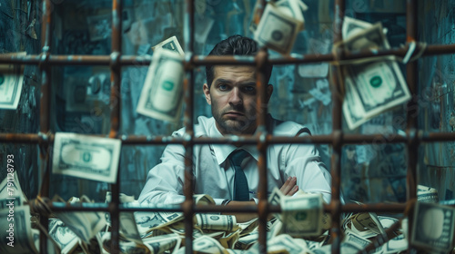 Imprisoned by financial woes: a businessman trapped behind money bars. A man in a suit sits behind a cage of flying cash, depicting the struggles of debt