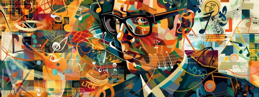 Naklejka premium Vibrant abstract art featuring a colorful collage of musical, artistic, and urban elements