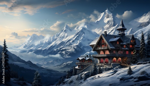 Winter landscape in the swiss alps with a chalet photo