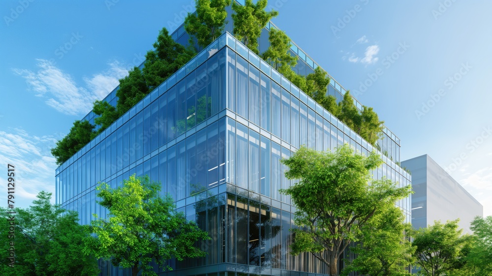 Modern office building with green trees and plants on it, innovative technologies and eco friendly concept