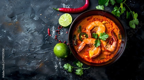 Spicy shrimp soup in a dark bowl on a moody background. Flavorful seafood dish captured from above. Culinary delight for foodie photo stocks. Dark and moody style cuisine. AI