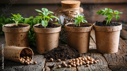 Planting Seeds Biodegradable Pots Fava Bean Seeds and Organic Fertilizer on a Wooden Surface photo