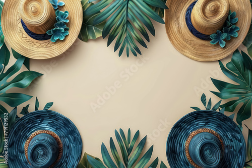 tropical summer flat lay with straw hats and palm leaves on a neutral background