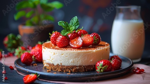   A cheesecake with strawberries on a plate Nearby  a glass of milk and a bowl of strawberries