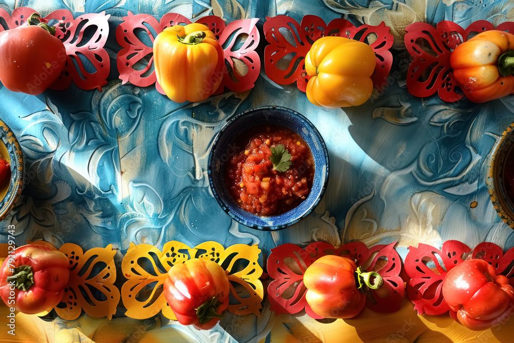 decorative papel picado and bell peppers for cinco de mayo