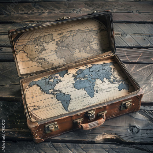 Fantastic open travel suitcase with map