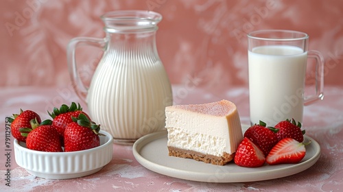  A white plate holds a cake slice, nearby are a bowl of strawberries and a glass of milk