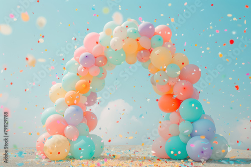 colorful balloon arch with confetti for festive celebration background