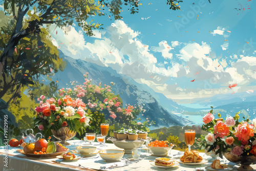 idyllic al fresco dining setup with mountain landscape and floral decor photo