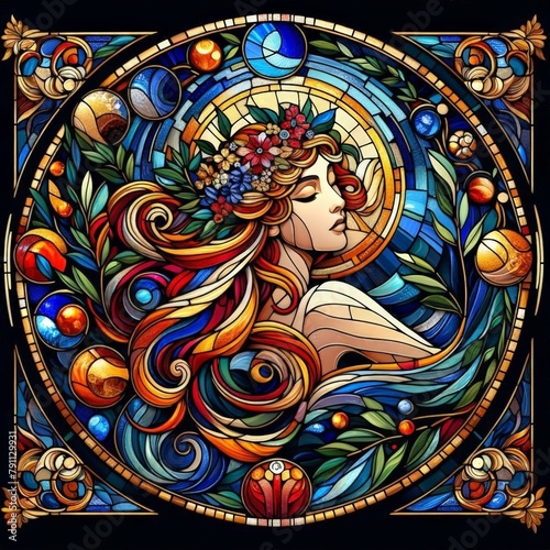 A captivating stained glass artwork portraying a goddess reminiscent of Aphrodite  adorned with a floral wreath and surrounded by mosaic elements in vibrant hues