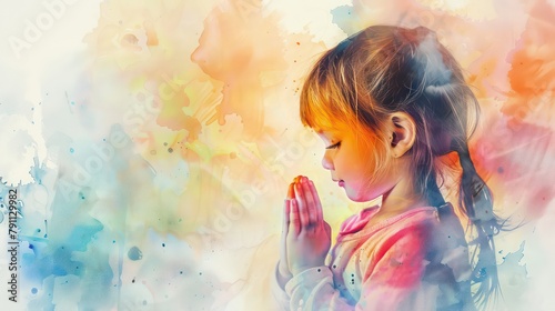 Image of a little girl in worship on watercolor background