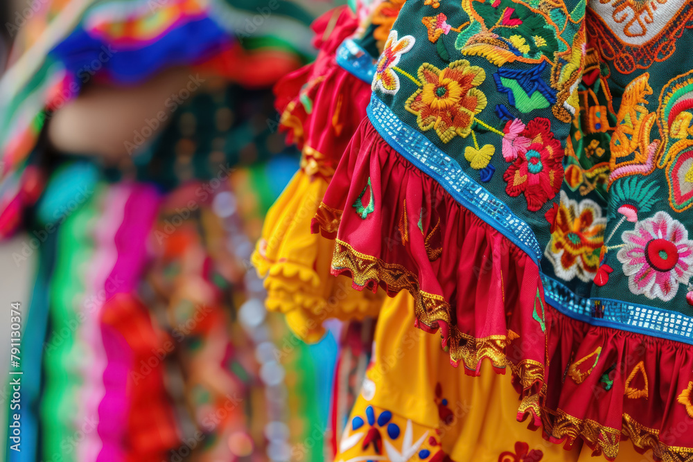 detailed embroidery of traditional mexican cinco de mayo festive costume
