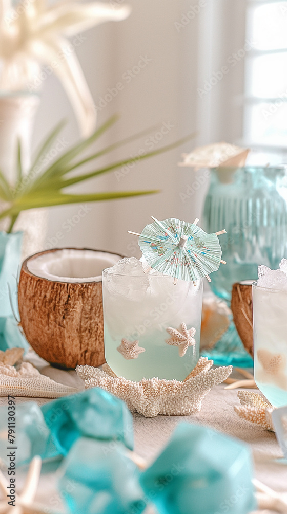 Tropical cocktail in coconut shell with starfish decoration Tropical cocktail in coconut shell with starfish decoration