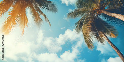 A view from below for the palms and blue sky with white clouds.