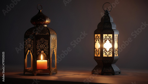 Islamic lantern, Eid Mubarak, Eid al-Adha banner. Eid Al-Adha Mubarak is a celebration of the holiday of the Muslim community against the background of the Arab landscape. celebrating the Islamic Rama