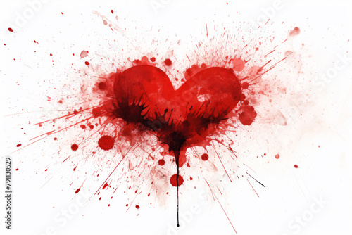 Red heart shape with paint splatters and stains on white background