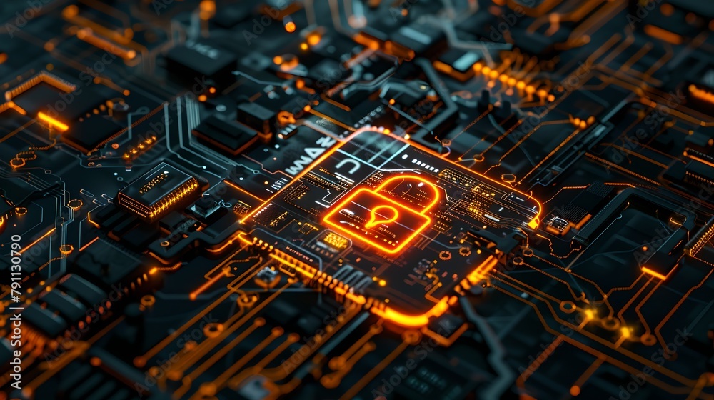 Illuminated Cybersecurity Lock Icon on Circuit Board - Technology and Data Protection. Secure Digital Hardware Concept. AI