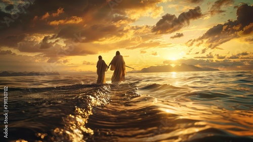 A surreal scene of Jesus walking on the water with Peter AI generated illustration photo