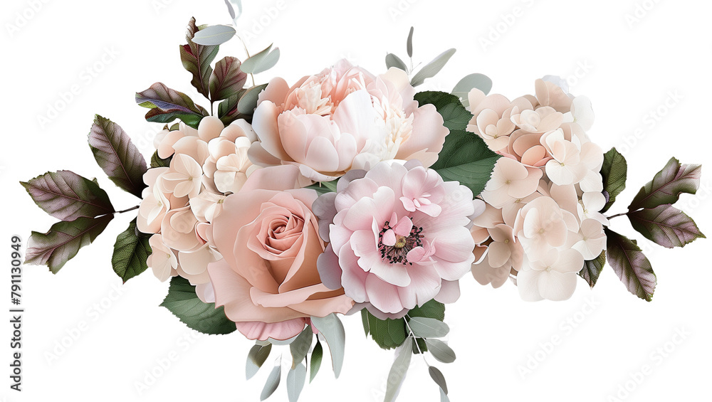 Fototapeta premium pink flower bouquet with dusty pink and cream roses, peonies, hydrangeas, and tropical leaves. Spring bouquets isolated on a transparent background. PNG, cutout, or clipping path