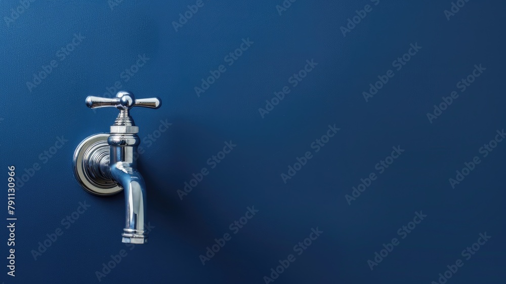 Fototapeta premium Silver tap against blue background with space on right