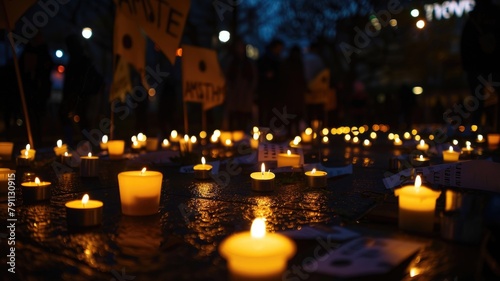Candlelight vigil at dusk with people holding signs © Artyom