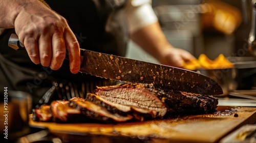 Chef slicing cooked beef brisket on wooden board