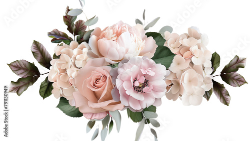 pink flower bouquet with dusty pink and cream roses, peonies, hydrangeas, and tropical leaves. Spring bouquets isolated on a transparent background. PNG, cutout, or clipping path