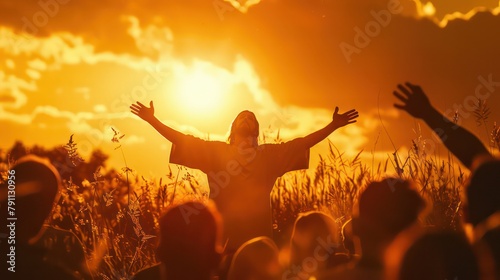 Jesus Christ in worship with the sun in the background
