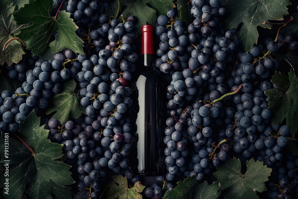 red wine bottle surrounded by lush dark grape clusters with leaves, top view 
