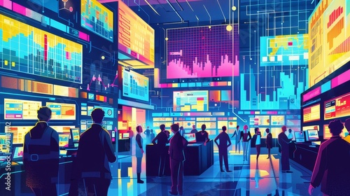 A vibrant Memphis-style illustration of a busy trading floor AI generated illustration