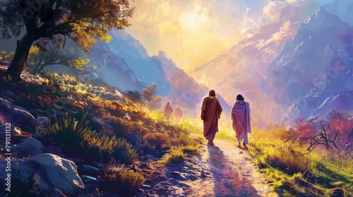 A vibrant scene of Jesus walking with his disciples on the road to Emmaus AI generated illustration