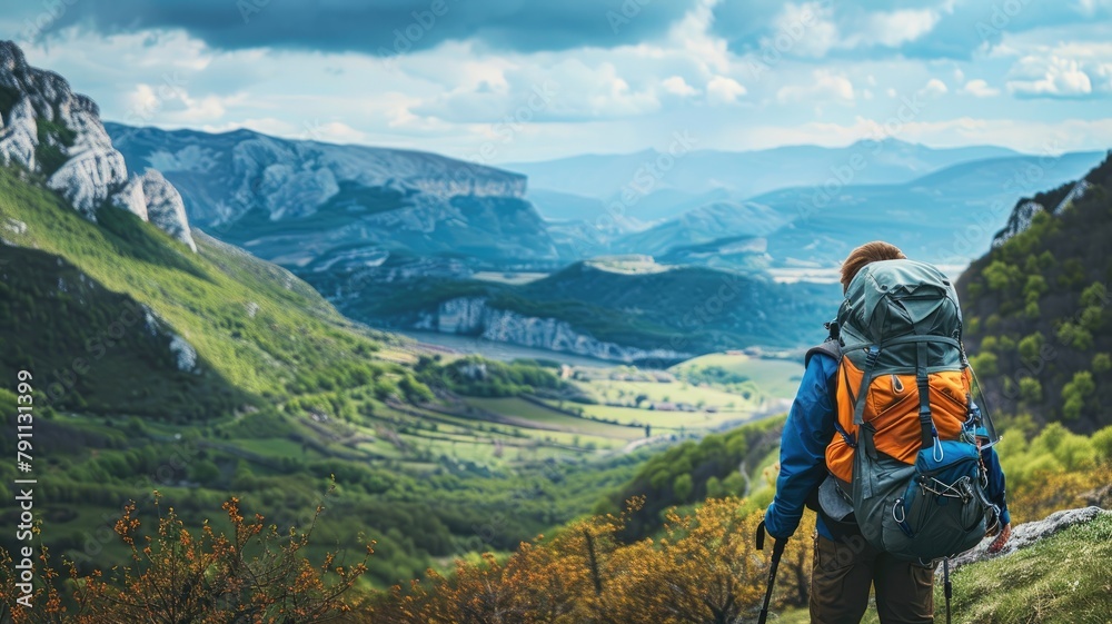 Hiker with backpack looking at mountainous landscape
