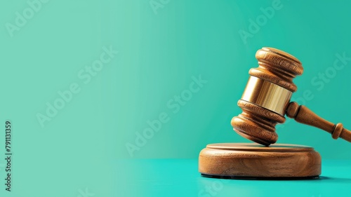 Wooden gavel on teal background, symbolizing law or auction