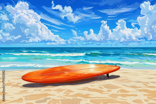Surfboard on sandy tropical beach. Ocean waves at the background © allasimacheva