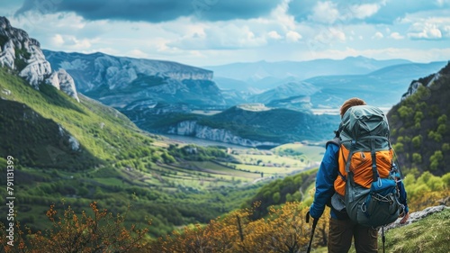 Hiker with backpack looking at mountainous landscape
