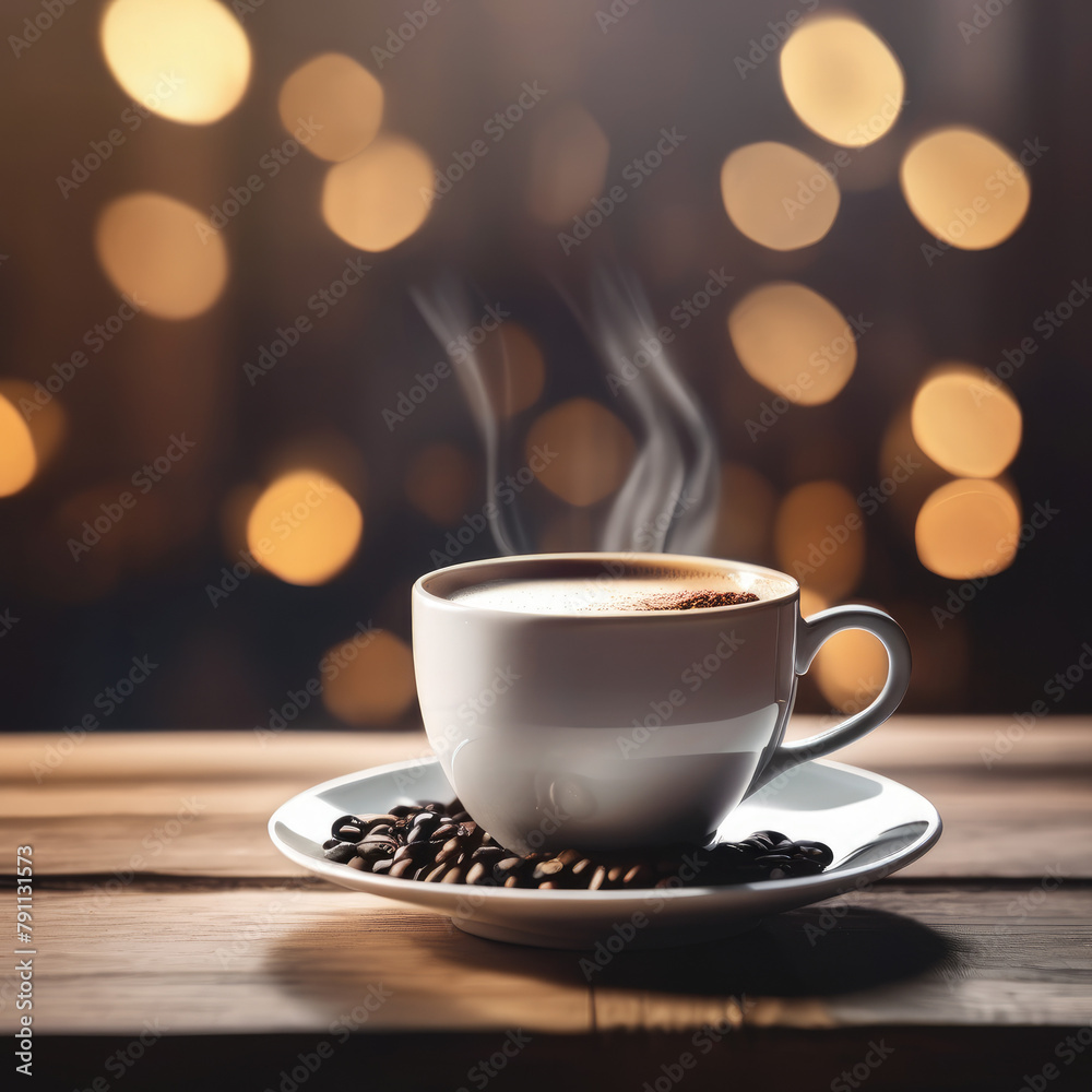 Obraz premium Steam Rising From a Hot Cup of Coffee on a Wooden Table With Soft Light Background