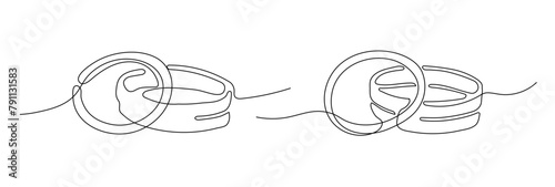 Wedding rings shape drawing by continuos line, thin line design vector illustration. Editable stroke