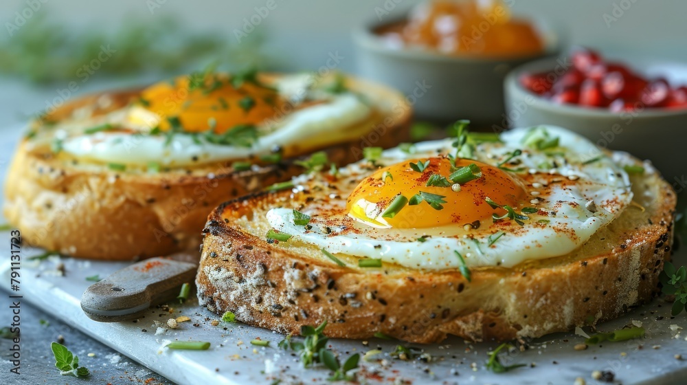   A tight shot of a slice of bread with an egg atop, adjacent to a bowl of assorted fruits in the backdrop